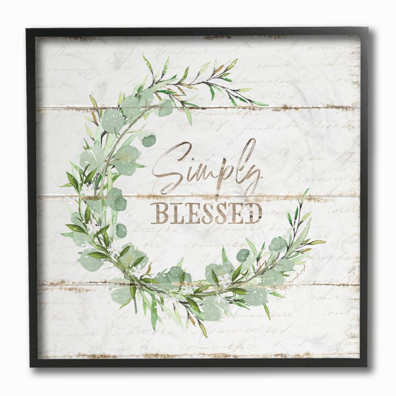 Stupell Industries Simply Blessed Phrase with Distressed Styling and Wreath Black Framed Wall Art